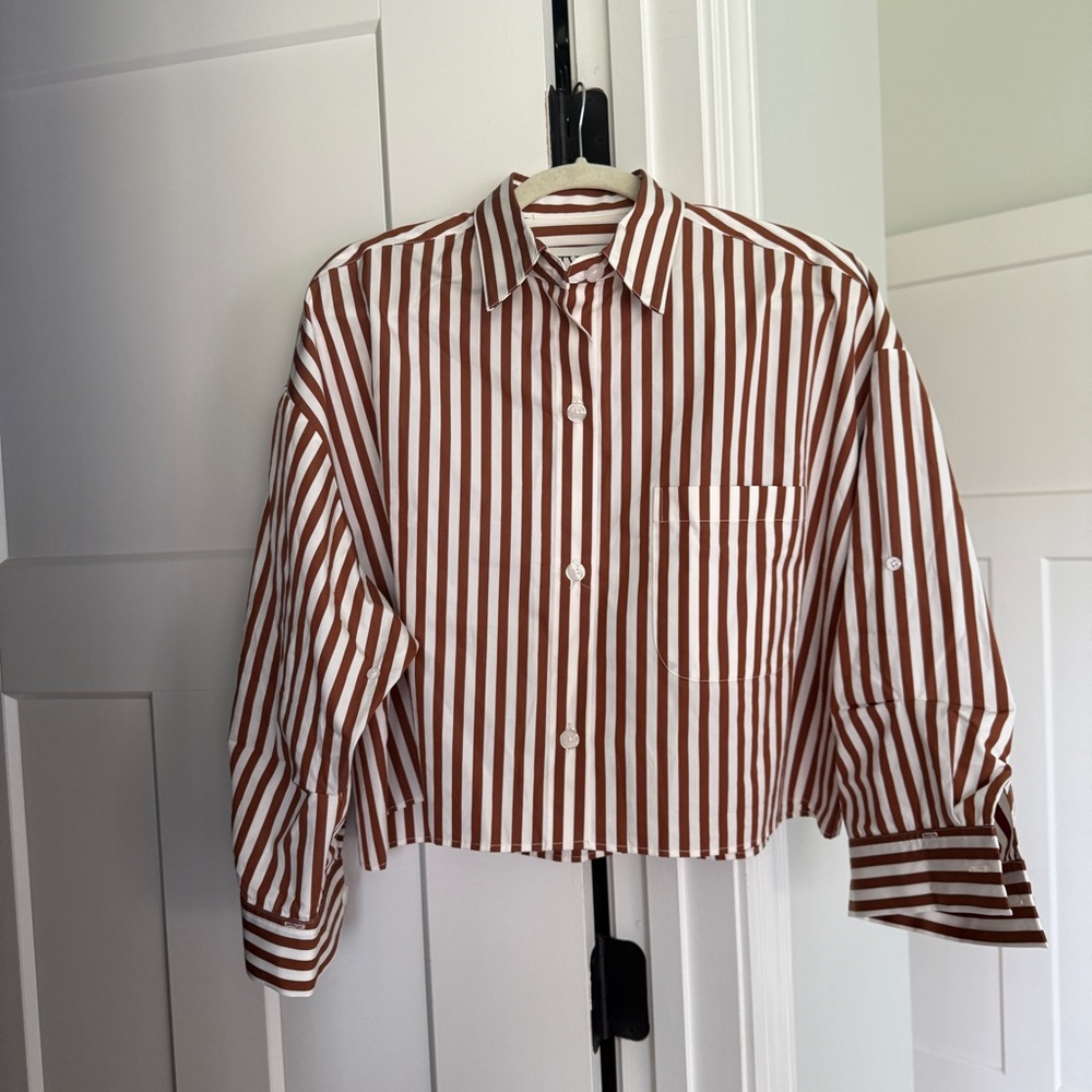 TWP NEXT EX SHIRT IN IVORY/COGNAC brown button down crop cotton - Picture 4 of 8